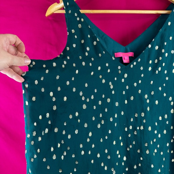 Lilly Pulitzer Silk Tank Top Gold Metallic Dot Green Sleeveless V Neck Size M - Picture 6 of 17